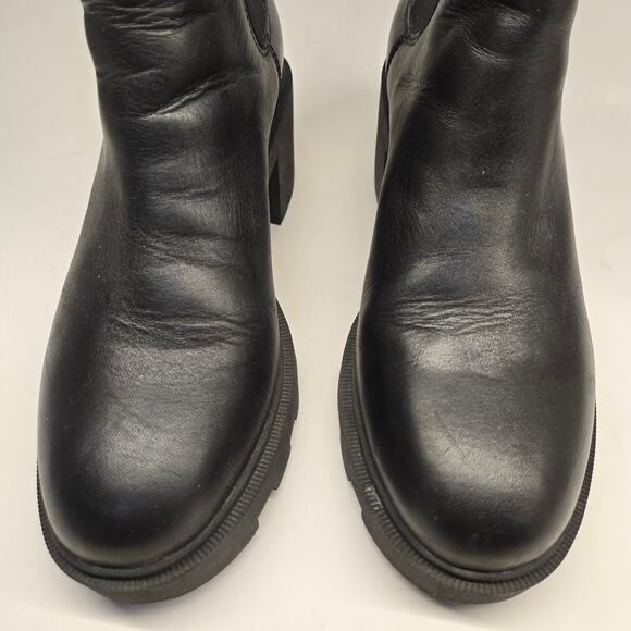 J. Crew Black Leather Platform Lug Sole Heeled Pull-on Chelsea Boots, Size 8.5 - Picture 6 of 11